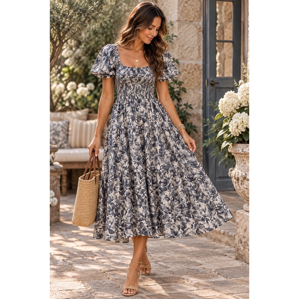 Abercrombie & Fitch Floral Smocked Midi Dress Blue White Puff Sleeve Pockets S